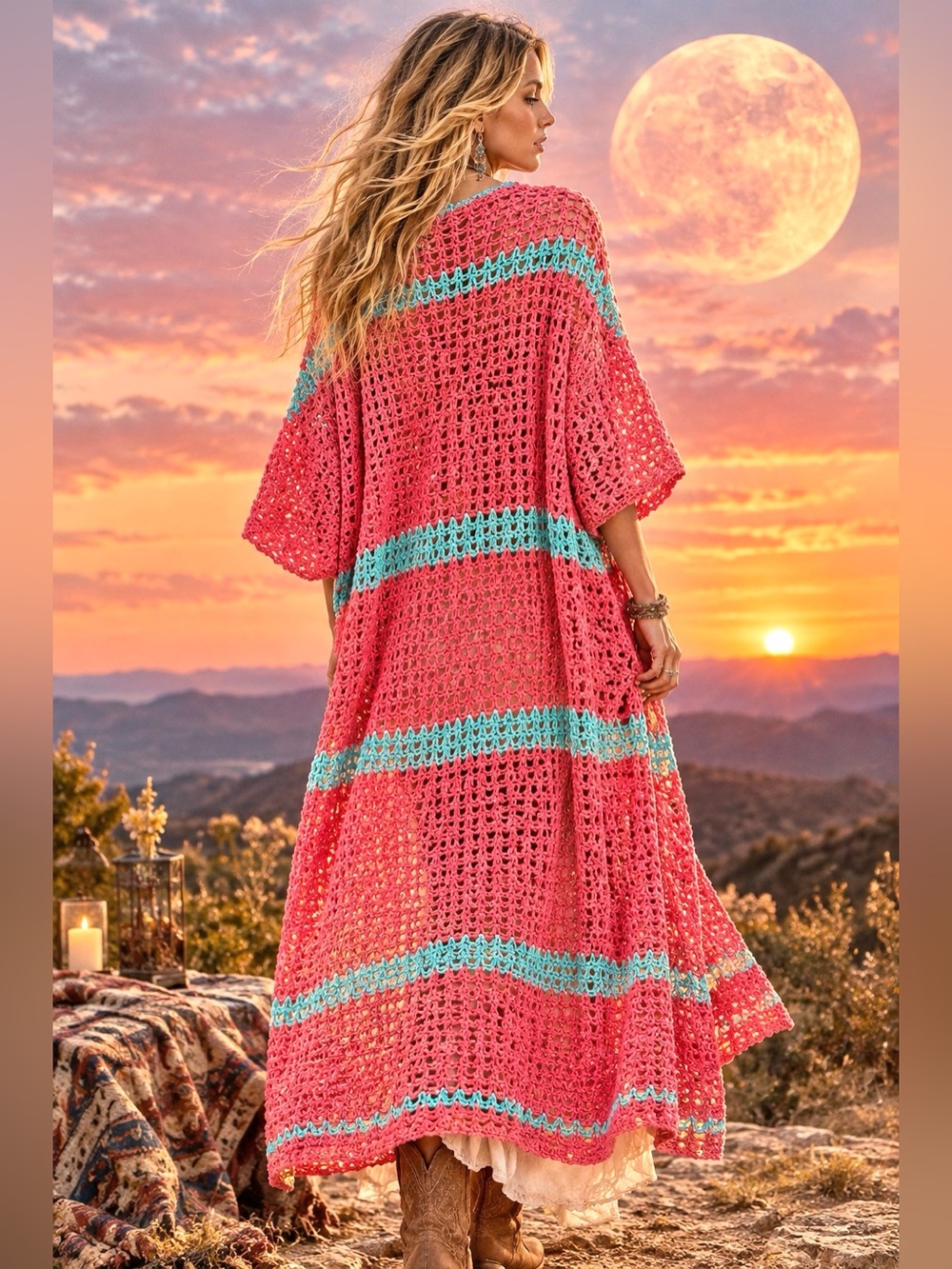 Artisan duster kimono shrug Crochet Cover-Up in Coral with Aqua Stripes